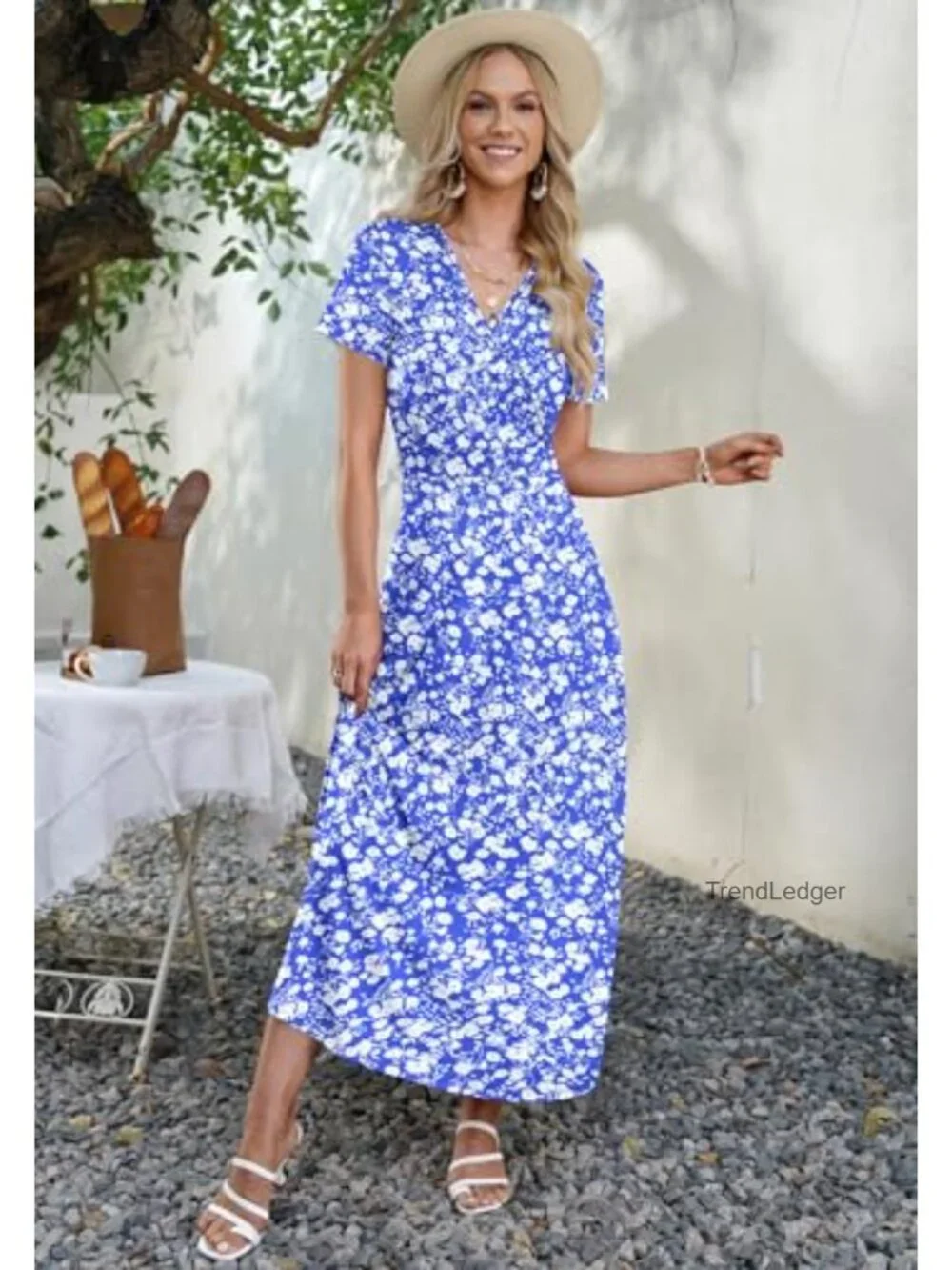 Maxi Dress for Women Floral Wrap V-Neck Ankle Length Empire Waist Side Pockets